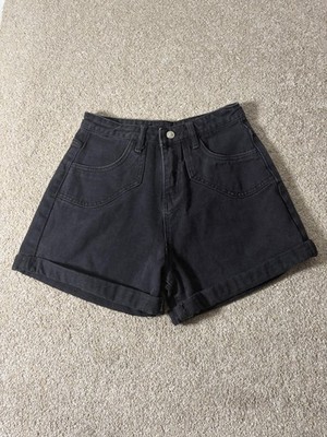 Princess Polly Shorts Womens 2 Black Denim High Rise Mom Relaxed Fit Cuffed