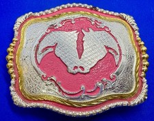 Horse Love Heart Nudging Heads Pink Enamel Inlaid Western Cowgirls Belt Buckle