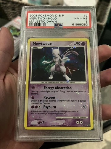 2008 POKEMON DIAMOND & PEARL HOLO BLEED SWIRL  MAJESTIC DAWN #9 MEWTWO  PSA8