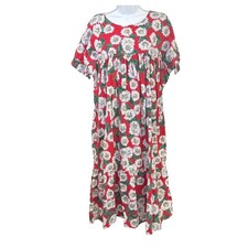 Vintage Red Floral Cotton Prairie Midi Daisy Dress Cottagecore Country Prairie