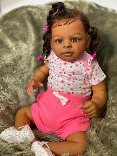 24" Girl Reborn Baby Doll Dark Skin African American Newborn Toddler Rooted Hair - Picture 2 of 8