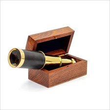 Vintage 6" inch Handheld Brass Telescope with Wooden Box - Pirate Navigation.