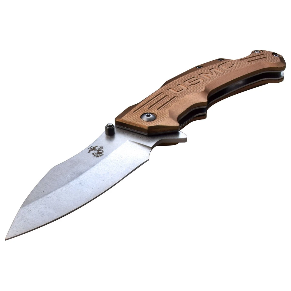 Navaja de bolsillo USMC MARINES abierta asistida por resorte con licencia oficial bronceada EDC Foto 4 de 4