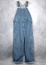 Dickies Bib Overalls Mens 32 Blue Baggy Relaxed Carpenter Paint Splatter