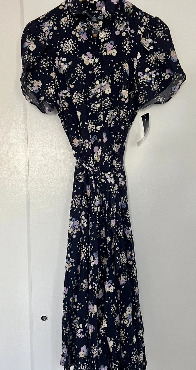 Chaps by Ralph Lauren Midi Dress Henley Tie Waist Navy Blue Floral Size M NTW