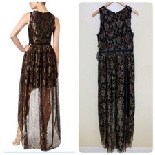 Adrianna Papell Formal High Low Metallic Lace Scalloped Trim Dress 6M Black Gold