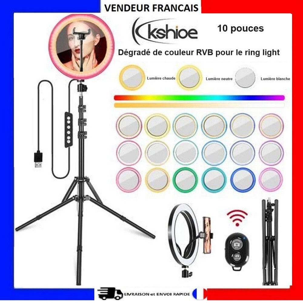 Anneau Lumineux LED RGB pour Teletravail et Streaming avec Support Smartphone Noir