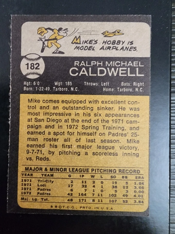 MIKE CALDWELL 1973 TOPPS #182 SAN DIEGO PADRES VINTAGE MLB BASEBALL NEARMINT - Image 2 of 2