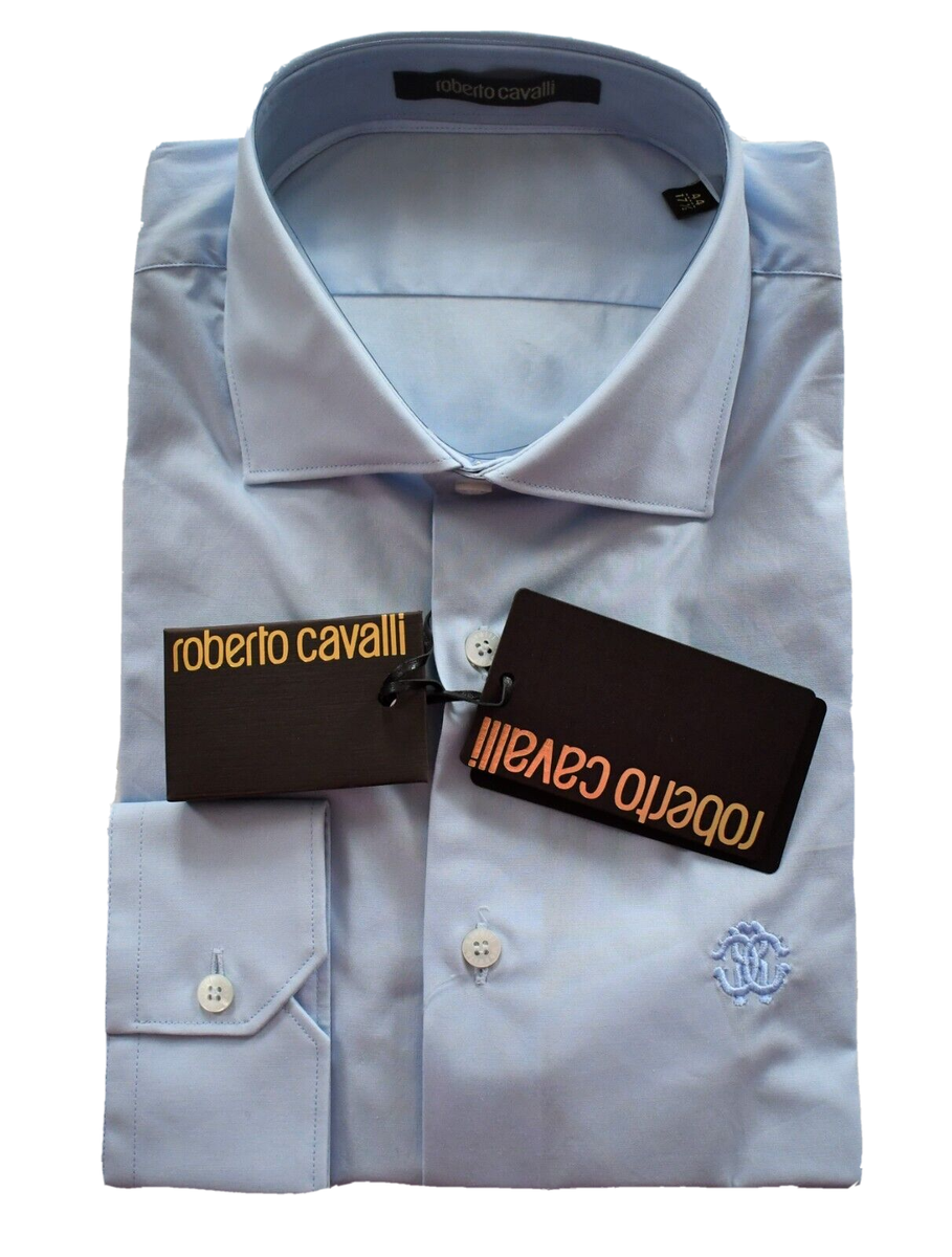 New ROBERTO CAVALLI Solid Blue COTTON Blend SLIM FIT Men's Dress Shirt  44/17.5