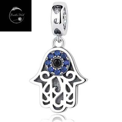 Sterling Silver 925 Charm Lucky Hamsa Evil Eye Pendant Dangle Friend Family Wife