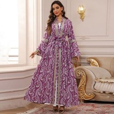 Two Piece Open Kaftan Women Long Dress Set Abaya Dubai Kimono Muslim Robe Gown