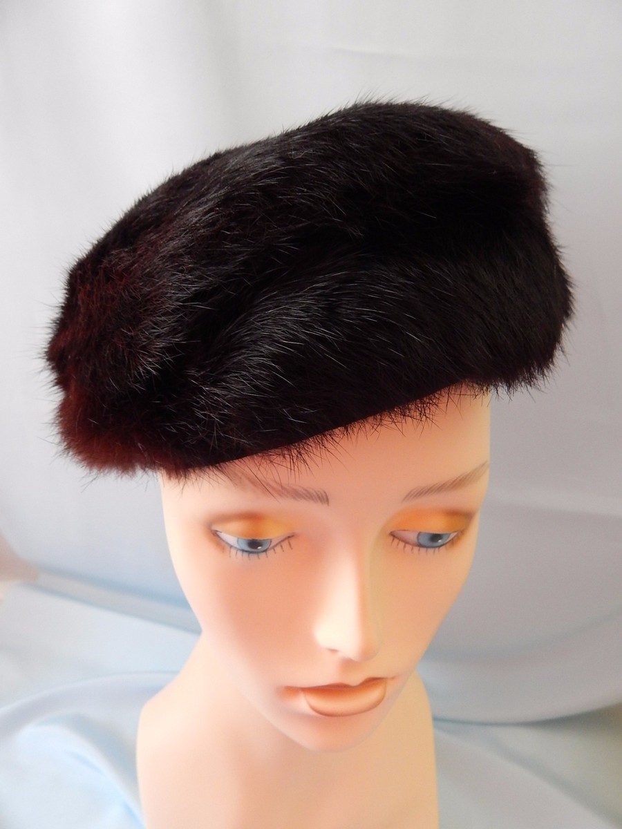 1960 TRUE Vintage MINK FUR HAT~Dark BROWN PILLBOX w/SATIN  display picture 3