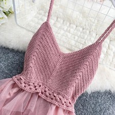 Damen Tank Kleid Patchwork Mehrlagig Gestrickt Netz V-Neck Spaghetti Band Sommer