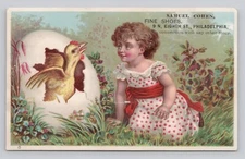 Victorian Trade Card Girl & Chick Hatching Egg Samuel Cohen Shoes Philadelphia