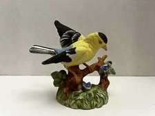 Vintage Porcelain Gold Finch Figurine on Blue Floral twig Bird Collectable