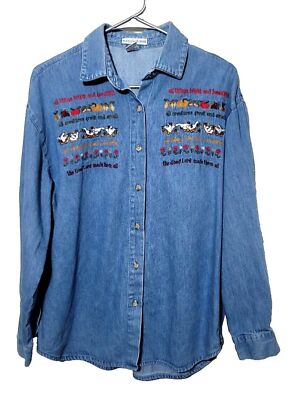 Vintage Maggie and Max womens sz L embroidered all things bright Denim Shirt