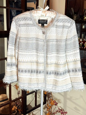 St. John Couture Tweed Jacket Cream/Gray with Sparkling Silver Threading Size 10