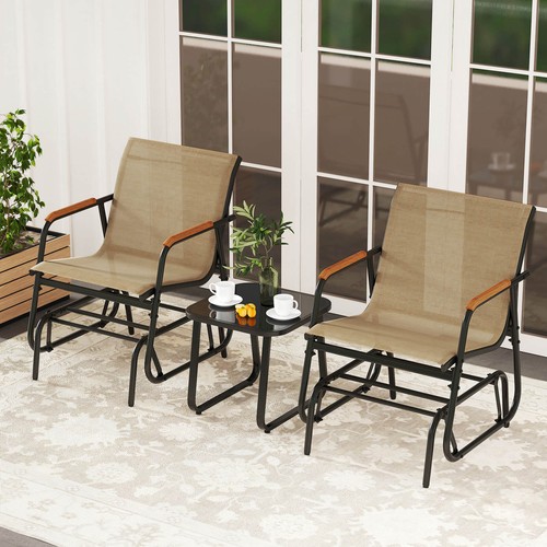 3 Piece Outdoor Gliding Set w/ Tempered Glass Coffee Table Teak Wood Armrests - Picture 3 of 10
