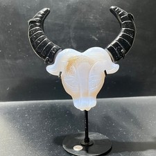156G Natural geode agate quartz carved crystal cow reiki healing + Stand