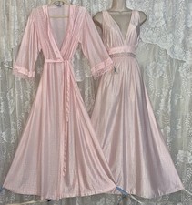 VTG L XL Tall PINK Nylon Wrap Peignoir Robe Nightgown Negligee w Inset Lace Set