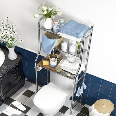 3-Tier Over Toilet Storage Rack with Towel Hooks & Paper Holder Silver Bathroom