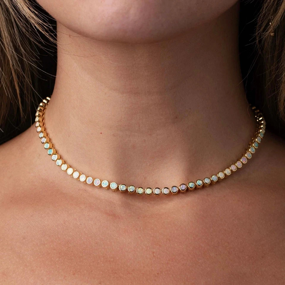 20TCW Round Cut Natural Fire Opal Bezel Chocker Necklace 14K Yellow Gold Plated