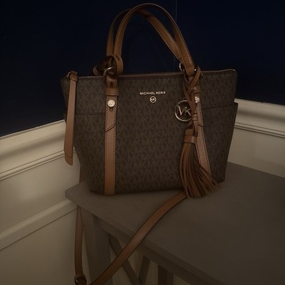 Michael Kors Brown Logo Satchel Top Handle Zip w Detachable Crossbody, Charm
