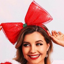 Womens Red Christmas Bow Headband Sequin Glitter Xmas Costume Headwear Hair