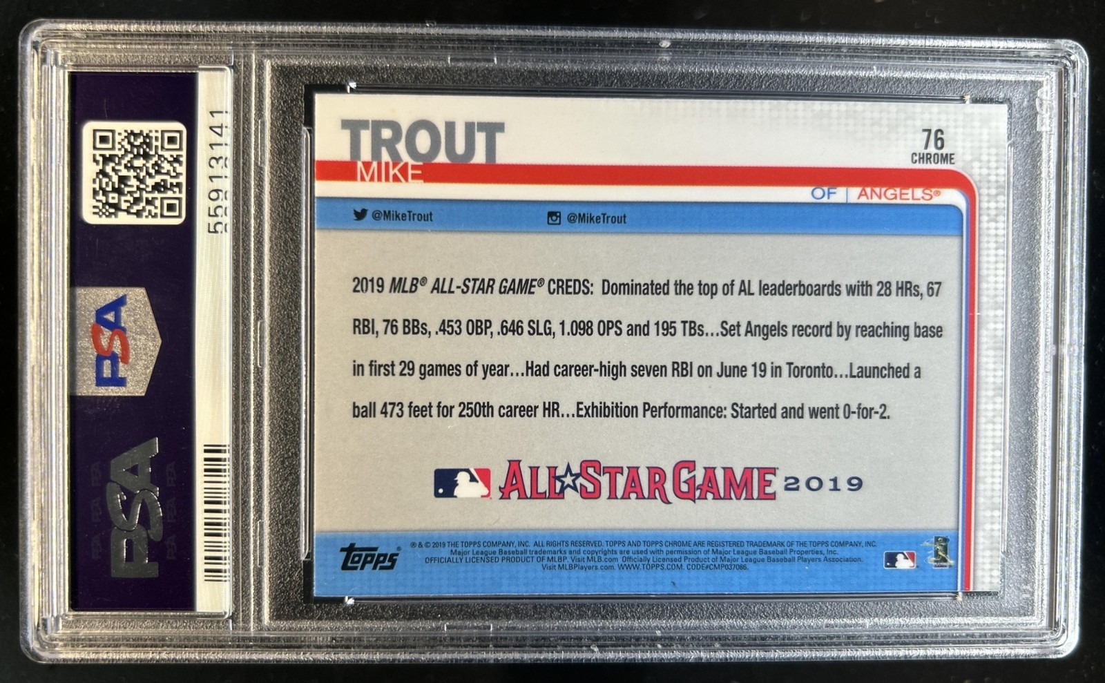2019 Topps Chrome Update Mike Trout All-Star #76 Angels PSA 10 GEM MINT view 2