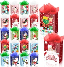 20Pack Small Chirstmas Gift Bags with Tissue Paper and Tag, Mini Paper Bags with