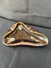 Vintage Brown Ceramic Abstract Drip Glaze Pottery Ashtray With Gold Accent MCM