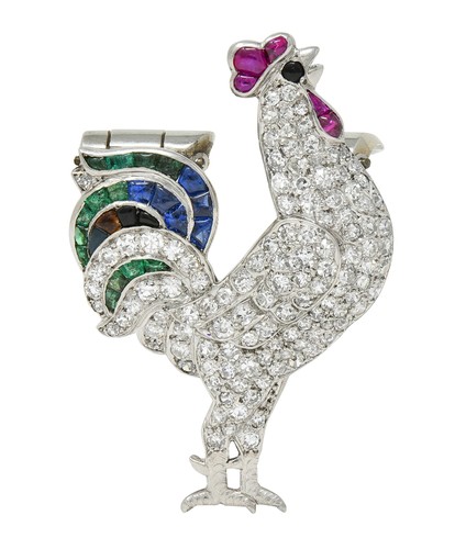 French Art Deco 4.15 CTW Diamond Multi-Gem Onyx Platinum Vintage Rooster Brooch - Picture 10 of 10