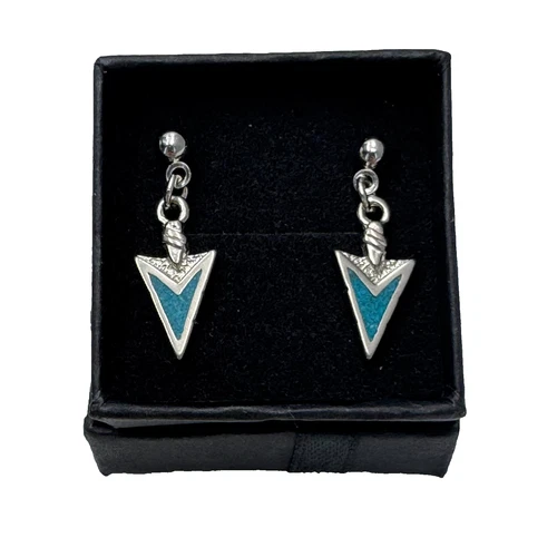 Silver Tone Arrowhead Turquoise Inlay Dangle Stud Earrings Pierced Vintage