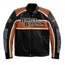 Men's H.DAVIDSON Classic Orange CRUISER Jacket 100% Cowhide Leather Jacket
