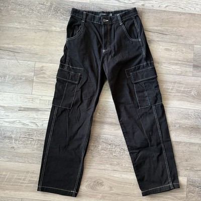 Bershka  Cargo Jeans Mens Size 29 Black Urban Streetwear Y2K 90s Baggy Wide Leg
