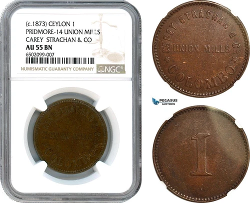 AH539, Ceylon, Victoria, 1 Pridmore - 14 Union Mills c.1873, NGC AU55BN