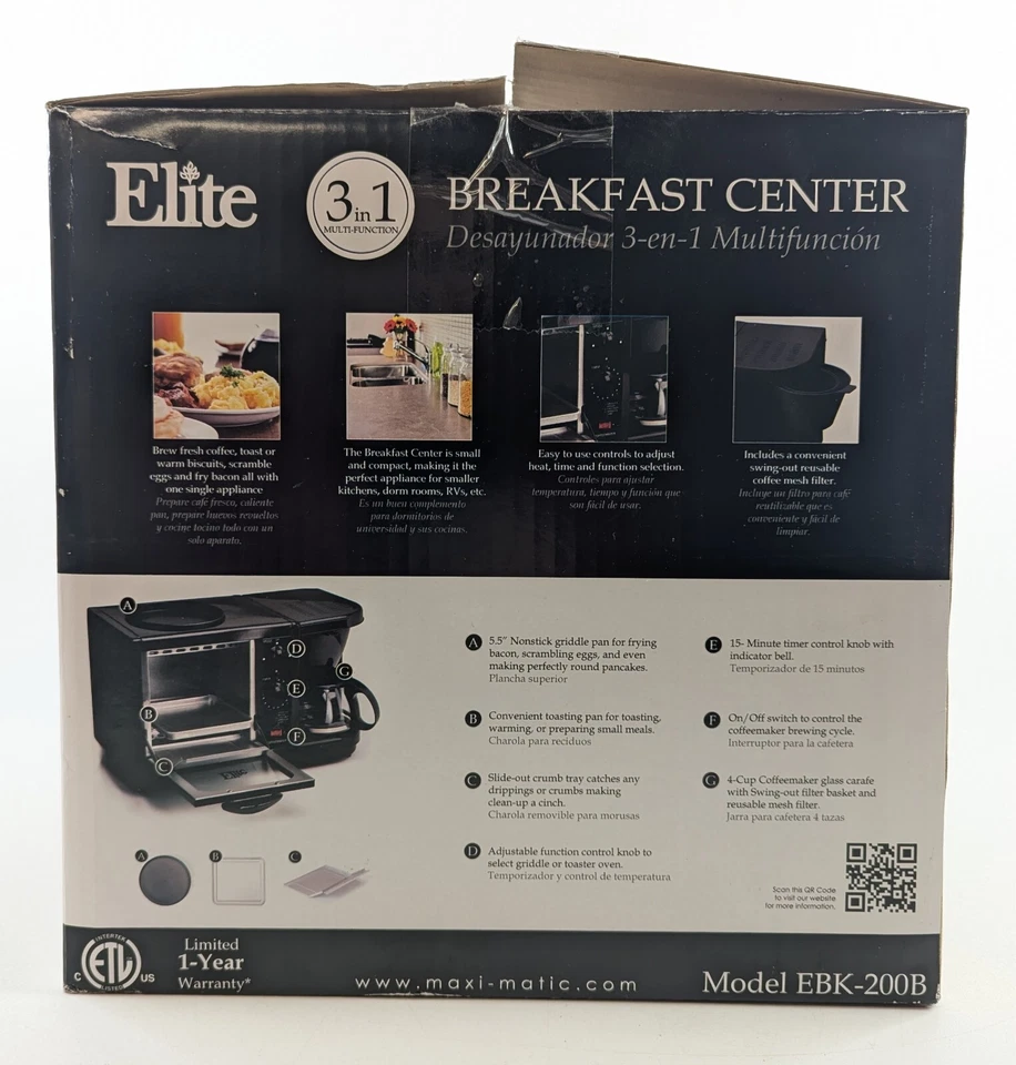 Maxi-Matic Elite 3-in-1 Breakfast Station – Toaster Oven Griddle EBK-200 - NEW - Image 4 of 4