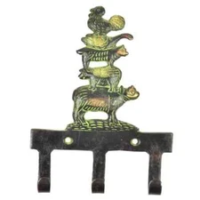 Brass Wall Key Holder Cow Pig Dog Duck Rooster Farm Animals Hook Green Patina