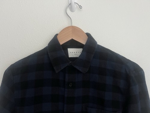 Sandro Paris Men’s Printed Cotton Blue Black Check Overshirt Flannel Size Small - Picture 3 of 9