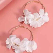White Fabric Flower Gold Metal Women's Hoop Earrings