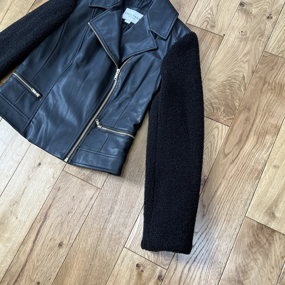 Chaqueta COLE HAAN Negra Cuero Suave Motociclista Estilo Moto Mangas Vellón Cremallera Completa XS Foto 2 de 4