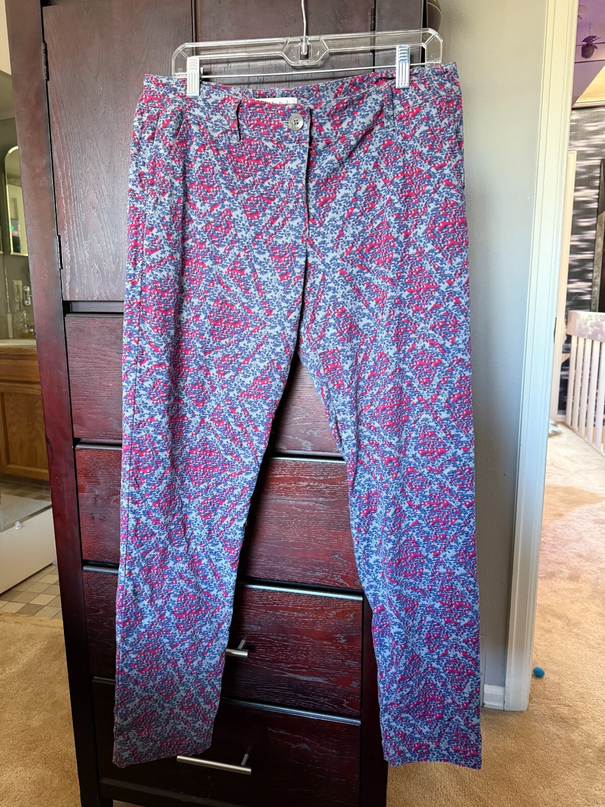 ALTRA Pantalone Cabi #806 blu stampa spiaggia palma cropped tasche gamba affusolata taglia 8 BELLO