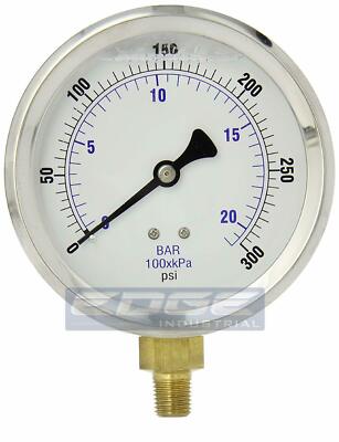 LIQUID FILLED PRESSURE GAUGE 0-300 PSI, 4'' FACE, 1/4'' LOWER MOUNT
