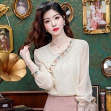Lady Lace Chiffon Shirt Embroidery Top Pullover Retro Blouse Chinese Style