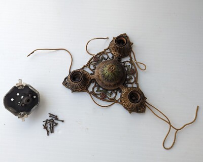 Antique 1930s Virden Winthrop Three Light Brass Fixture w/ Floral Design 