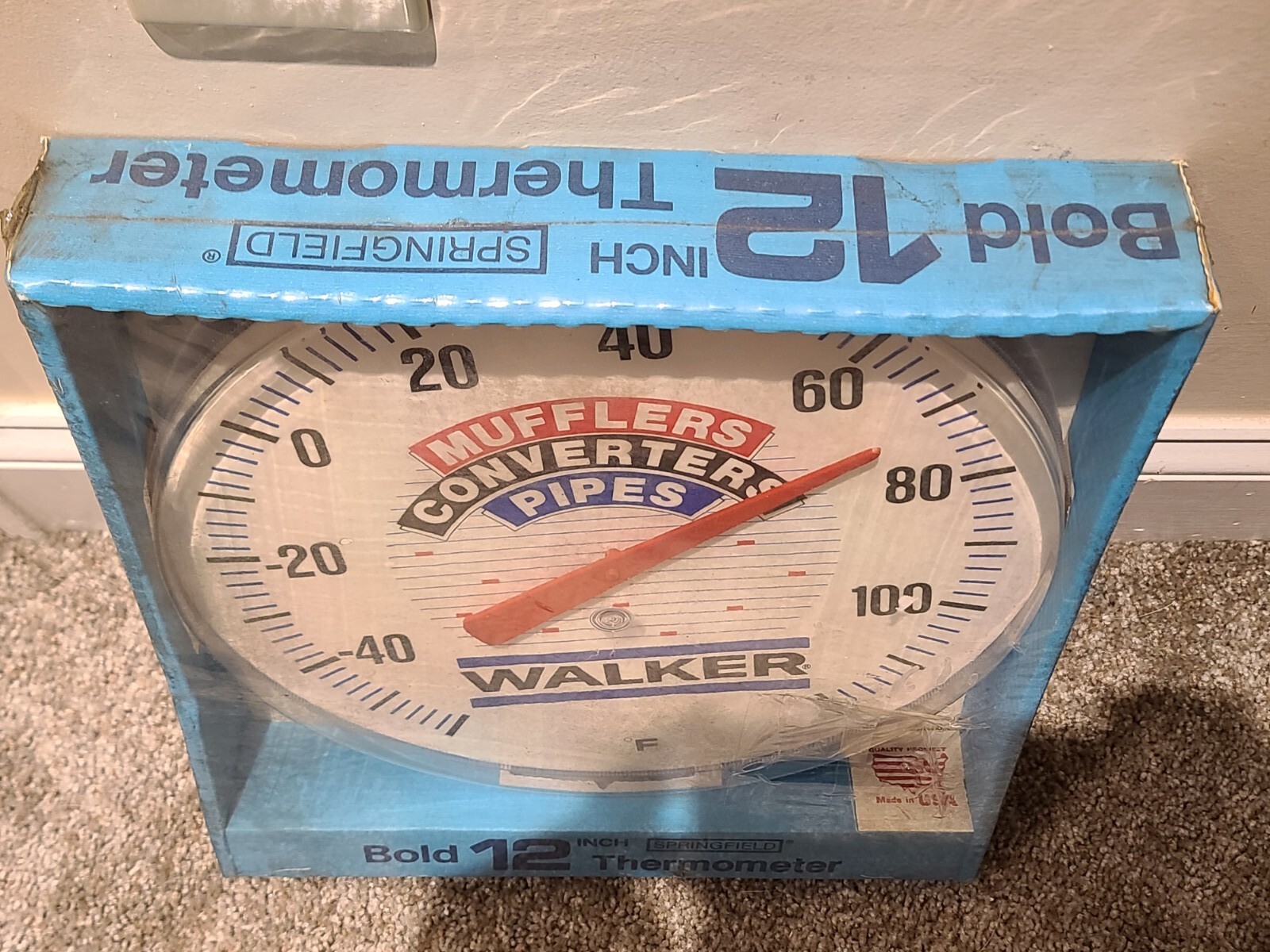 Vintage WALKER MUFFLERS Round SPRINGFIELD Advertising Wall Thermometer