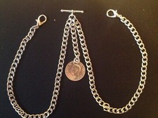 Dbl Albert pocket watch chain with a George VI sixpence,silver colour 4 sizes