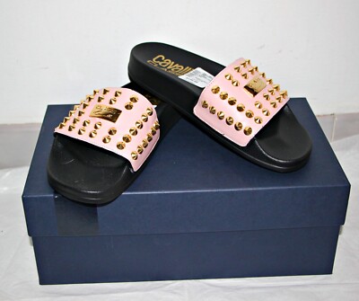 CAVALLI CLASS BY ROBERTO CAVALLI Cone Stud Leather Pool Slides in Pink sz  $415