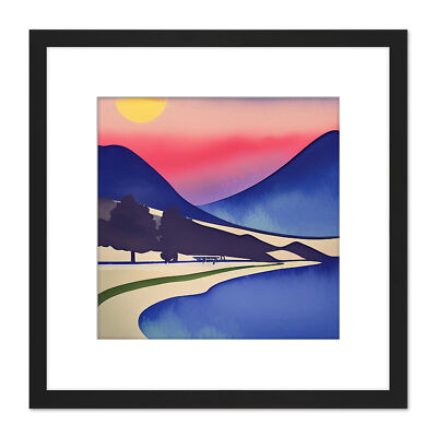 Sonnenuntergang Rosa Lake Windermere Aquarell Quadratisch Gerahmt Wandkunstdruck 8X8 Zoll