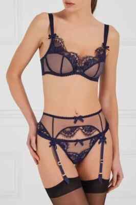 AGENT PROVOCATEUR NAVY PIPER BRA 32B/C/D/DD 34C/D 36C & 3 SUSPENDER & THONG BNWT